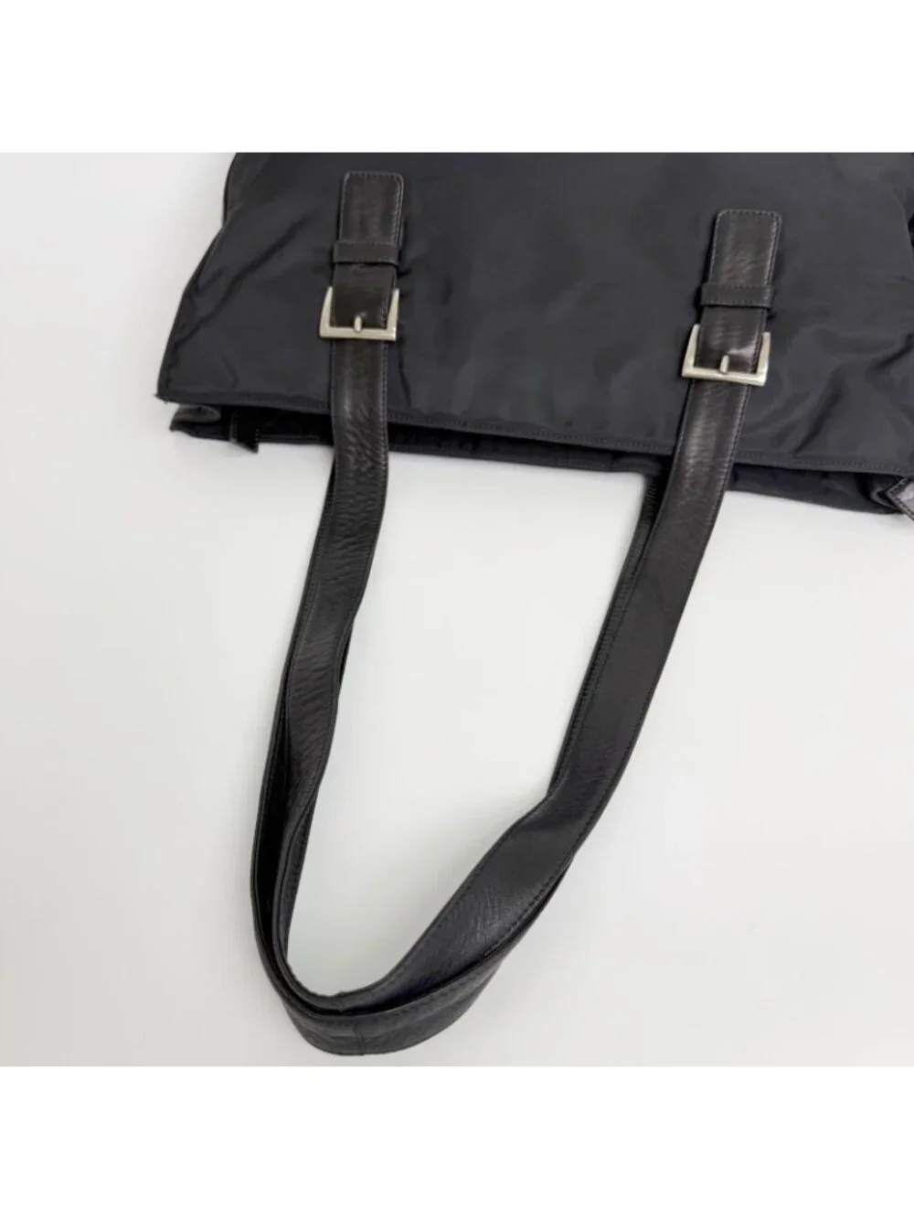 Prada Tessuto Nylon Leather Tote Shoulder Bag Black Silver Vintage